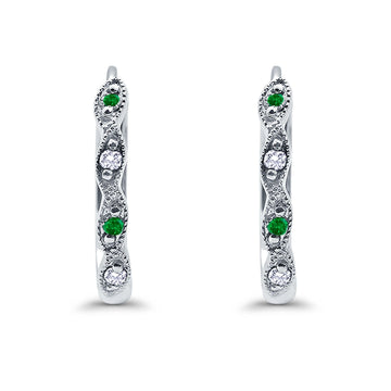 Huggie Hoop Earrings Round Simulated Green Emerald CZ 925 Sterling Silver (14mm)
